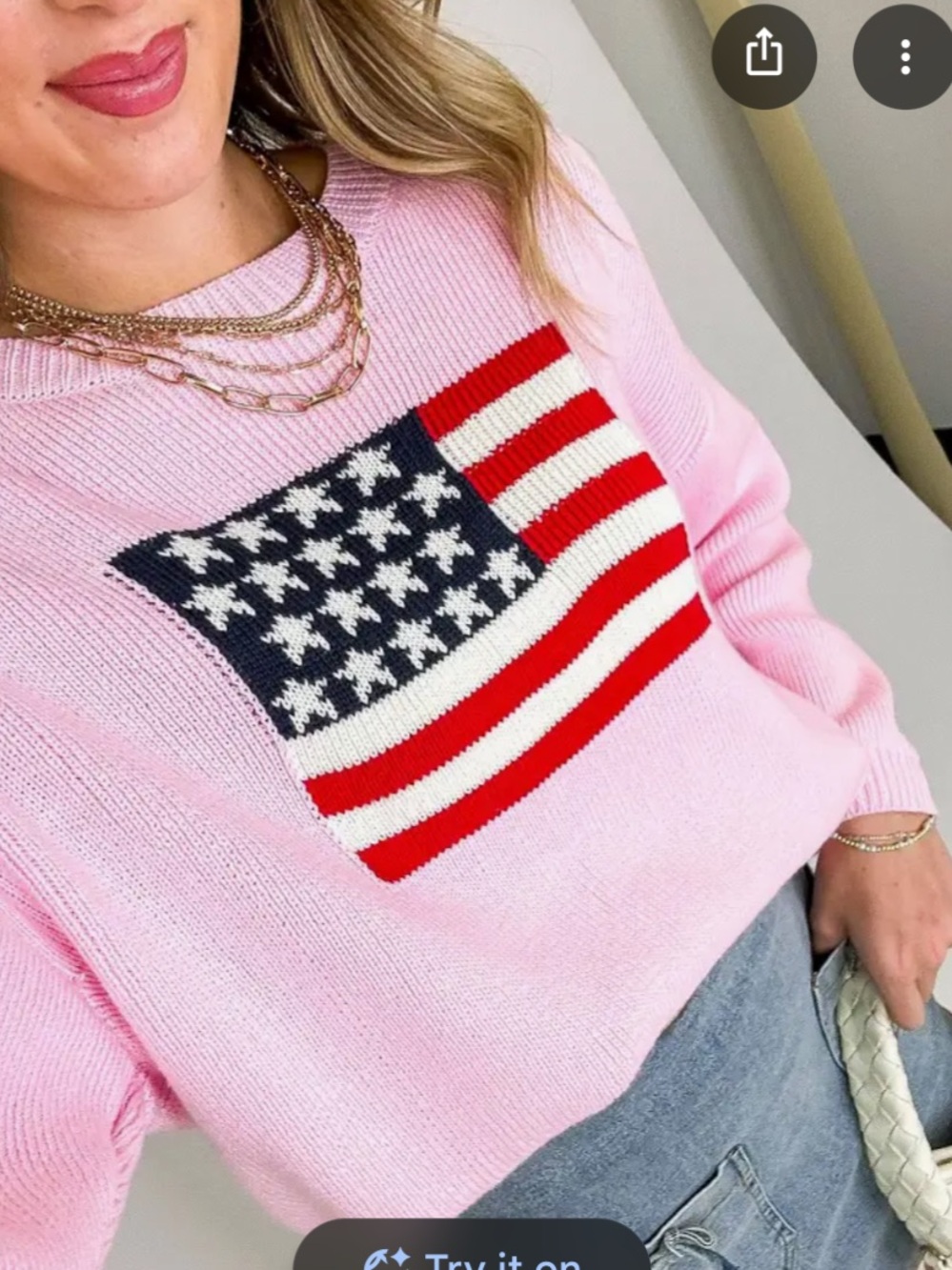 Fantastic Fawn Pink V-Neck Sweater with American Flag Knit